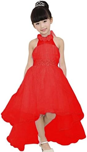 Baby Girl Dress Daoroka Kids Lace Flower Halter Sleeveless Princess Birthday Evening Party Pageant Ball Gown Elegant Tutu Skirts Clothes Cute Summer Formal Casual Sundress (7-8T/140, Red)