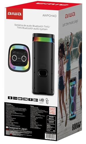 Aiwa Bocina Portátil Bluetooth 5.0 de 60W RMS, Bafle con Doble Woofer 6.5" y Tweeter 2", Sonido Potente, Luces LED, TWS, Radio FM, Entrada Micrófono y Guitarra, Ideal Fiestas y Karaoke AWPOH4D