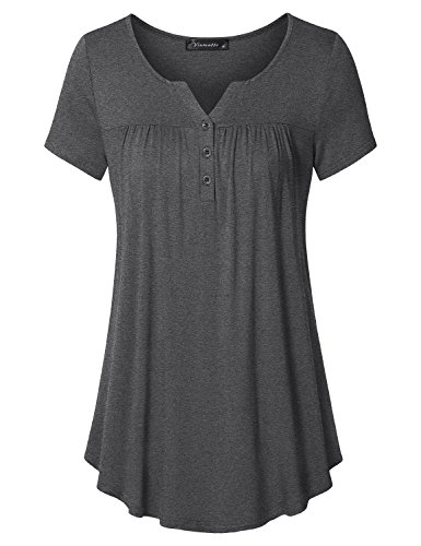 Vinmatto Women's Short Sleeve Henley V Neck Pleated Button Details Tunic Shirt Top(XXL,Deep Gray)