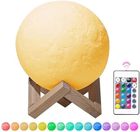 NEWKBO 16 Colors RGB 3D LED Moon Lamp, with Remote &Touch Control,Adjustable Brightness USB Rechargeable, with Wooden Stand, for Parties,Dinner Table, Cafe and Bedroom (7.9Inch)