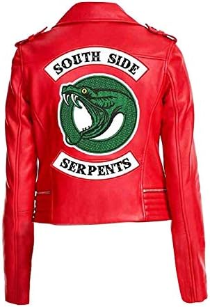 Women Red Faux Leather Jacket with Snake Logo