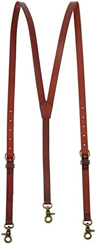 Men's Brown Shiny Genuine Leather Suspenders, Steampunk Style Y back Adjustable Belt Loop, 3 Snap Hooks