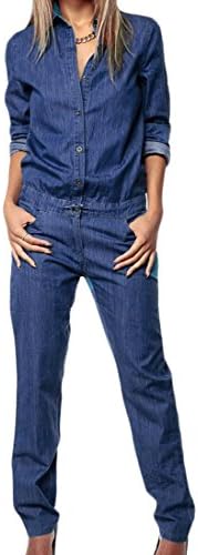 Frieed Women's Jean Denim Long Sleeve Buttons Long Pant Romper Jmpsuit 1 S