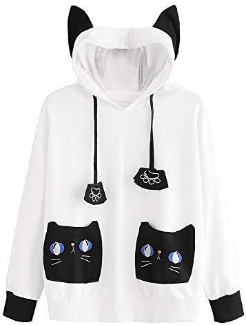 Women's Kawaii Long Sleeve Hoodie, Cat Print Pocket Decoration Sweatshirt Pullover Tops