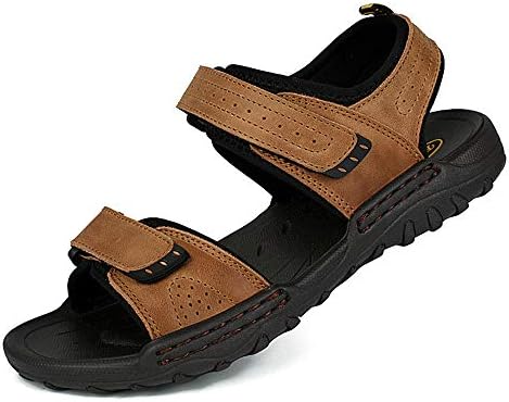HVSLXM Sandals Mens Real Leather Walking Mules Velcro Flip Flops