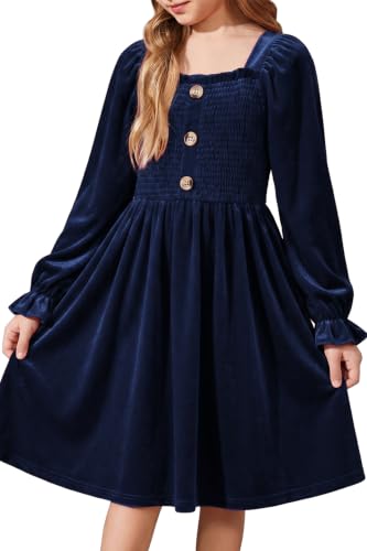 blibean Girls Dresses Winter Fall Velvet Long Sleeve, Navy, Size 8-9 at Amazon