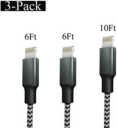 Charging Cable, Snaok 3-Pack (6FT X2, 10Ft X1), Extra Long Nylon Braided Charging Cord Lightning Cable to USB Charger for iPhone 7, 7 Plus, 6S, 6, SE, 5S, 5, iPad, iPod Nano 7