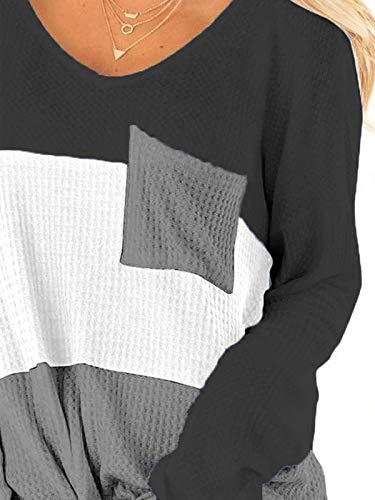 Ido4U Women\'s Casual Waffle Knit T-Shirts V Neck Long Sleeve Lightweight Sweater Pullover Tops (M, Black)