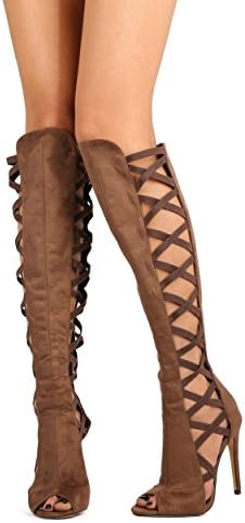 Miss L FK43 Women Faux Suede Peep Toe Knee High Elastic Criss Cross Stiletto Boot - Taupe (Size: 7.5)