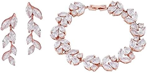 UDYLGOONUDORA Cubic Zirconia Leafs Earrings Bracelet Jewelry Set For Bridal Bridesmaid Wedding Prom