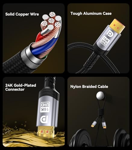 Sniokco 80Gbps DisplayPort Cable 2.1 3M, 16K DP Cable 16K@60Hz 8K@240Hz 4K@540Hz 360Hz 240Hz Compatible with HDR HDCP 2.3 DSC FreeSync G-Sync Monitor Graphics RTX 5090 4090 PC HDTV