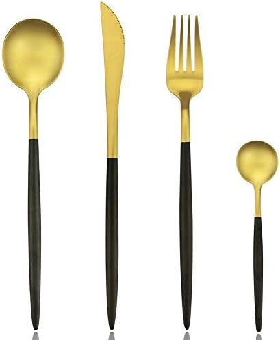 COMIART Luxurious 4 Piece Matte Black Handle and Gold Stainless Steel Flatware Sets, Include Knife Fork Spoon