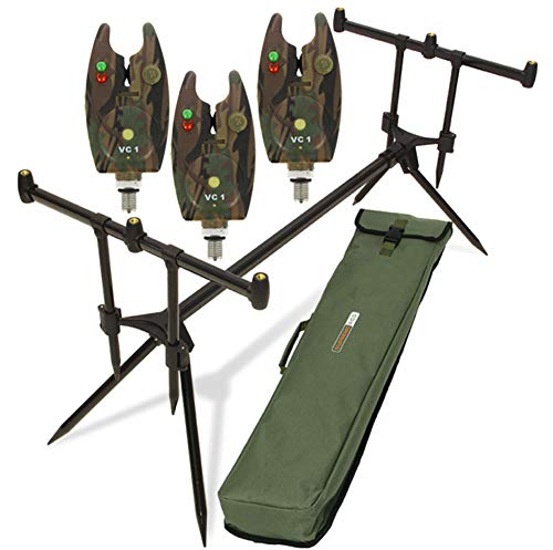 G8DS® Set Rod Pod Rutenhalter + Tragetasche inklusive 3 Bissanzeiger mit Lautstärkeregler für + LED Karpfen Angeln