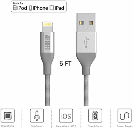 JUSTNEED [ MFi Certified] 6 Feet Nylon Braided Lightning Cable USB Cord Charge &amp; Sync Cable For iPhone 6 6S,6 6S Plus, iPhone 5 ,5C ,5S, iPad Air, Mini , Mini2, iPod (Silver)