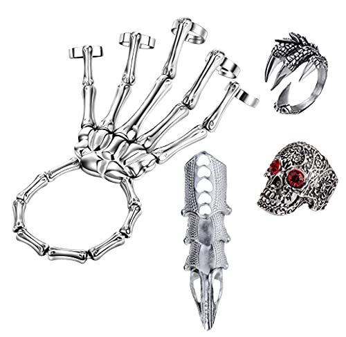 LAKIYOYO 4pcs Halloween Skull Skeleton Hand Bracelet with Ring Punk Wristband Skull Fingers Hand Bracelet Skeleton Ring Hallowmas Gifts Jewelry