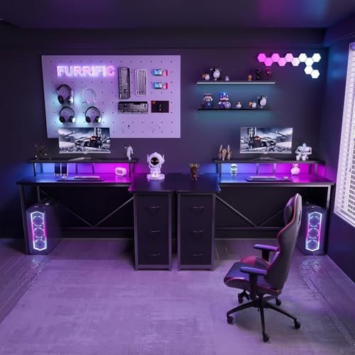 FURRIFIC Tipo de L Escritorio Gamer, Escritorio Minimalista con Cajón de Tela, Regleta, Regleta de luz y Soporte para Monitor