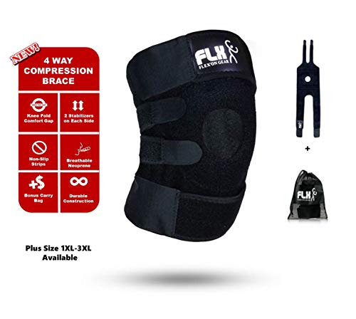 FLX Knee Brace Support Compression Wrap Sleeve Patella Stabilizer 4 Strap Flexible Open Back Non-Slip for Arthritis Tendonitis Pain, Meniscus Tear ACL LCL MCL Sprain Injury Plus Size XXL Available