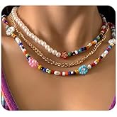 Xerling Dainty Floral Flower Faux Pearl Seed Beads Necklace Colorful Glass Flower Punk Multi-layered Cuban Chain Summer Party Choker Necklaces for Women