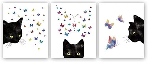 KARTME Black Cat With colorful Butterfly Art Print,Set Of 3(8”X10”) Watercolor Animals Canvas Poster Painting,Modern Wall Art For Home Decor,Unframed