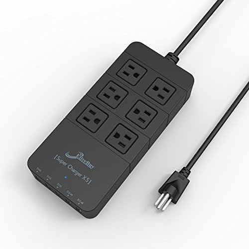 Home Power Center 40W 5-Port (3x1Amp+2x2.4Amp) Desktop Smart USB Charger for iphone/Android Smartphone + Multi Outlet Home/Office Power Strip w/ UL Certified U.S.Standard Plug (Black) (6 Outlet)