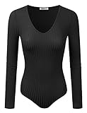 Doublju Womens Long Sleeve V-Neck Rayon & RibbedKnit Bodysuit (Made In USA)