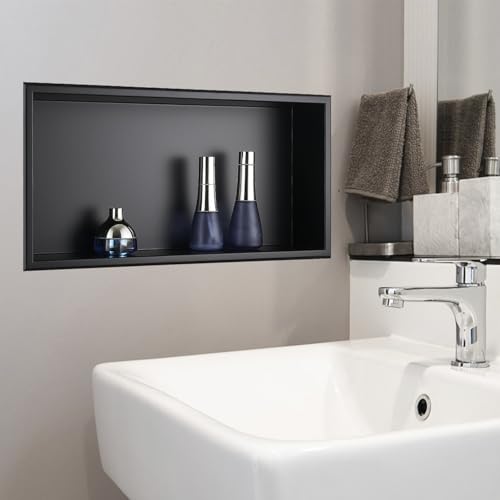 HANFU Built-in Shower Niche, Single Layer Bathroom Niches, 60 x 30 x 10 cm | Frameless Stainless Steel Wall Niche, Niche Shelf Bathroom Shelves for Body Wash Shampoo Toiletries, Black