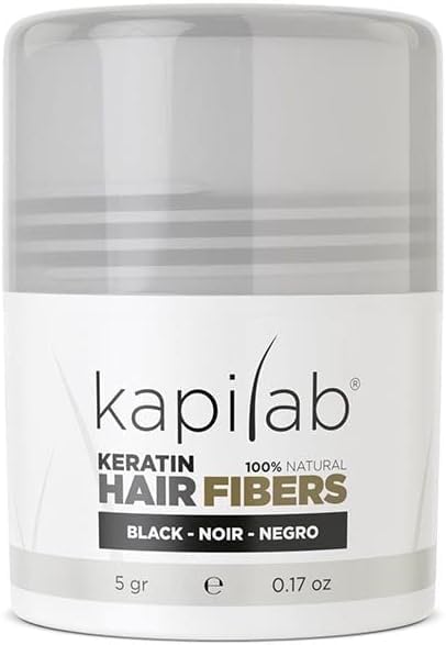 Kapilab Streuhaar Haarfasern Schwarz Haarpuder zur Haarverdichtung - Keratin Ansatzpuder für Dünner Werdendes Haar Frauen und Männer Haarausfall 100% Natürlich 5 gramm