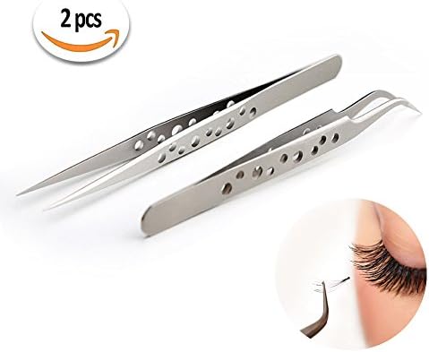 9 Holes Eyelash Extension Tweezers Best Eyelash Tweezers for Individual and 3D 5D Mink lash Extensions,Straight and Curved Pointed Stainless Steel Tweezers Set by Omberlan