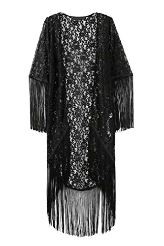 Gillberry Women Lace Hollow Floral Tassel Kimono Shawl Cardigan Blouse Coat Tops (S, Black) - Thumbnail 3