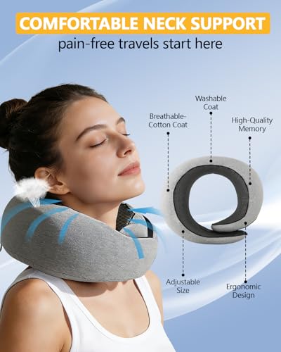 Memory Foam Travel Neck Pillow, Ergonomic Cervical Support Pillow, Removable Washable Cover Neck Pillow for Airplane Car Road Trip Office Naps Camping (Light Grey)