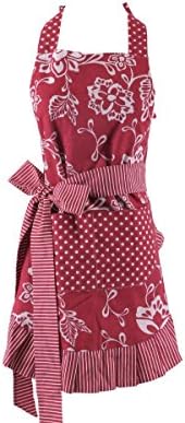 Women's Cotton Floral Apron with Pockets, Adjustable Long Ties for Kitchen Cooking, Baking and Gardening,Red