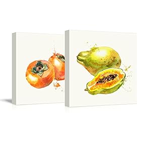 2 Panel Square Persimmon and Papaya Watercolor Fruits...