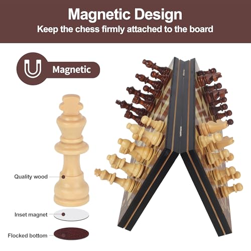 3 in 1 Wooden Chess Board, 29 x 29 cm, Wooden Chess Board, Handmade Travel Chess Board, Portable Chess Board, Ideal for Parties, Travel, Family Activities
