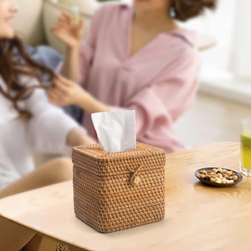 Rattan Paper Tissue Box with Lid, Square Wicker Box Holder, Facial Tissue Paper Tissue Box for Dining Table, Living Room, Bathroom, Bedroom (Natural)