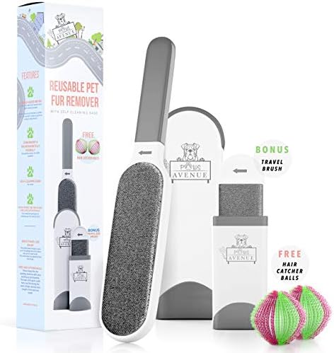 Pet Hair Remover Lint Brush - Reusable cat & dog dust fuzz fur removal for clothes, bed, car seat, sofa + FREE hair catcher balls for washing machine/laundry + BONUS travel brush self cleaning base