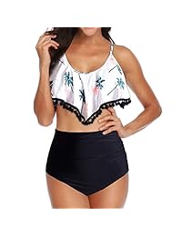 Heflashor traje de baño de 2 piezas de cintura alta para dama traje de baño parte superior con volantes espalda cruzada Tankini Set