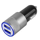 CAR CHARGER TOP QUALITY BRUSHED Aluminum Incl. Bright Blue LED Light 2 x USB Port 2.1A + 1.0A High Speed IQ Technology for all IPHONE Models, Samsung, Sony HTC NOKIA LG IPAD MP3 with 5V output