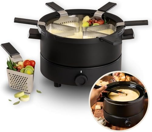 Fondussimo Evolution 3-in-1 Electric Fondue Set with Stainless Steel Fondue Pot 3 L + Ceramic Bowl Bain-Marie – 6 Baskets & 6 Tongs – Adjustable Temperature – 4 to 6 People