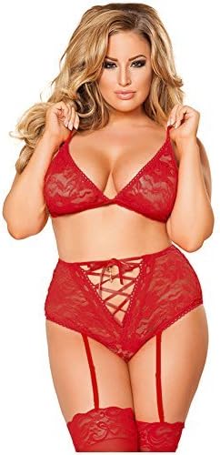 UBetterM Women Sexy Red Plus Size Lacy Connection lace-up?Bralette Set