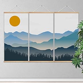 3 Panel Hanging Poster Wooden Framed Sun and Mountain Home Wall Canvas Prints Ready to Hang - 18"x36"x3 Panels