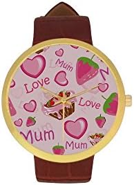 Happy Mothers Day Metal Case, Tempered Glass, Golden Leather Strap Watch