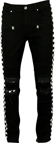 Men's Checkerd Side Stripe Twill Jeans,Black,32