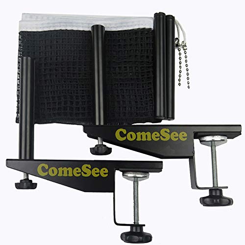 ComeSee Table Tennis Net and Post Set Strength Screw Clamp, 1.5 Inch Width Grip Holder, Insert Type Ping Pong Net Clip, Tension and Height Adjustable Easy Set Up (Black)