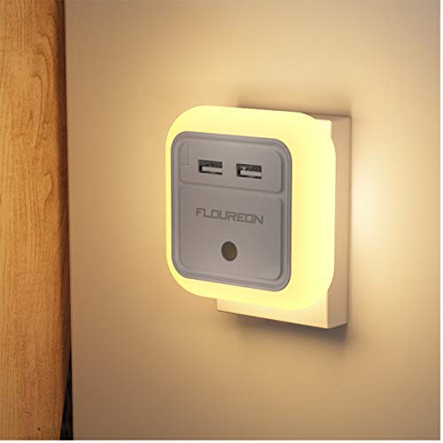Floureon 12W 2.4A Dual USB Wall Charger Night Light Warm White LED Night Light Plug AC Adapter for iPhone X /8/7 /7 Plus/ 6S/ 6 Plus Samsung Galaxy Note 9, 8, S9, S8
