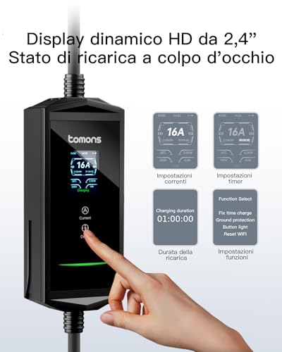 tomons App Electric Car Charging Cable, 3.68 kW 6M, Portable Electric Car Charger Type 2 Schuko, Single Phase 16 A, 2.4 Inch LCD IP65, Adjustable Time and Current for Model 3/Y, 500e, e-208, Other EV
