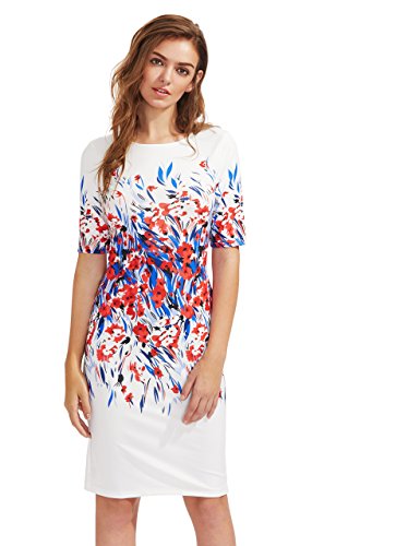 Floerns Women's Floral Short Sleeve Flower Print Bodycon Pencil Dress (Medium, Multi-white)