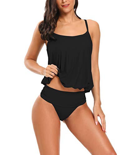 AOVXO Tankini Swimsuits for Women 2 Piece Flared Swimwear Tankini Top with High Waisted Triangle (Black, US8~10)