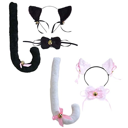 Mwfus Women Girls Tail Bow Tie Fancy Headband Hair Band Cat Ears Cosplay Party Set