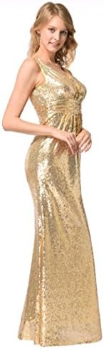 TowerTree Women Golden Sequined Dresses Sexy Pluging V-Neck Sleeveless Tank Zip Back Sequins Long Maxi Robes Party Evening Vestido (Small, Gold25)