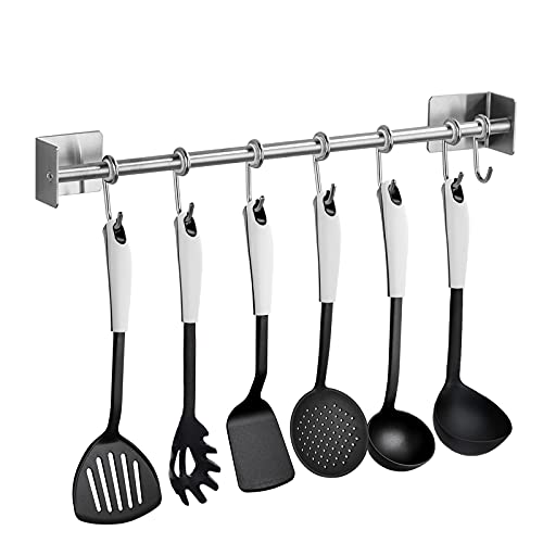 MaxHold No-Drilling/Self Adhesive Utensil Rack with 7 Hooks - Wall Mounted Hanging Rail Rack - Stainless Steel Never Rust Hanging Rack - for Bathroom & Kitchen